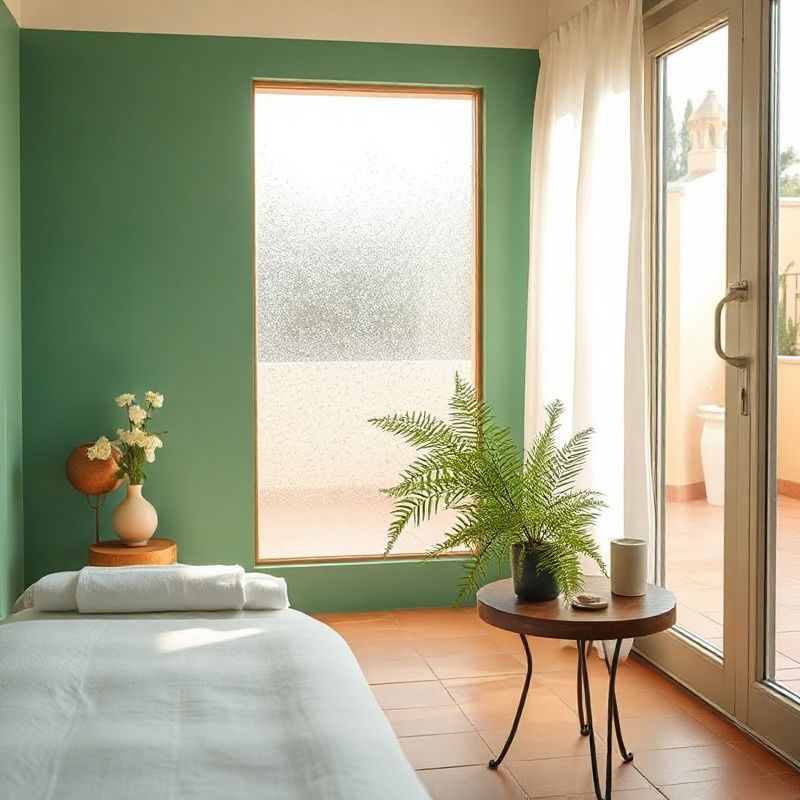 Sala de tratamiento con tonos esmeralda y lino blanco iluminada por luz natural