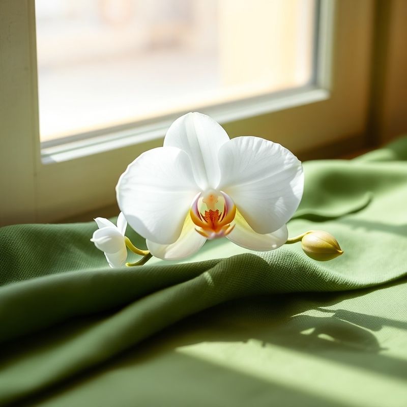 Orquídea blanca sobre lino esmeralda con luz natural suave