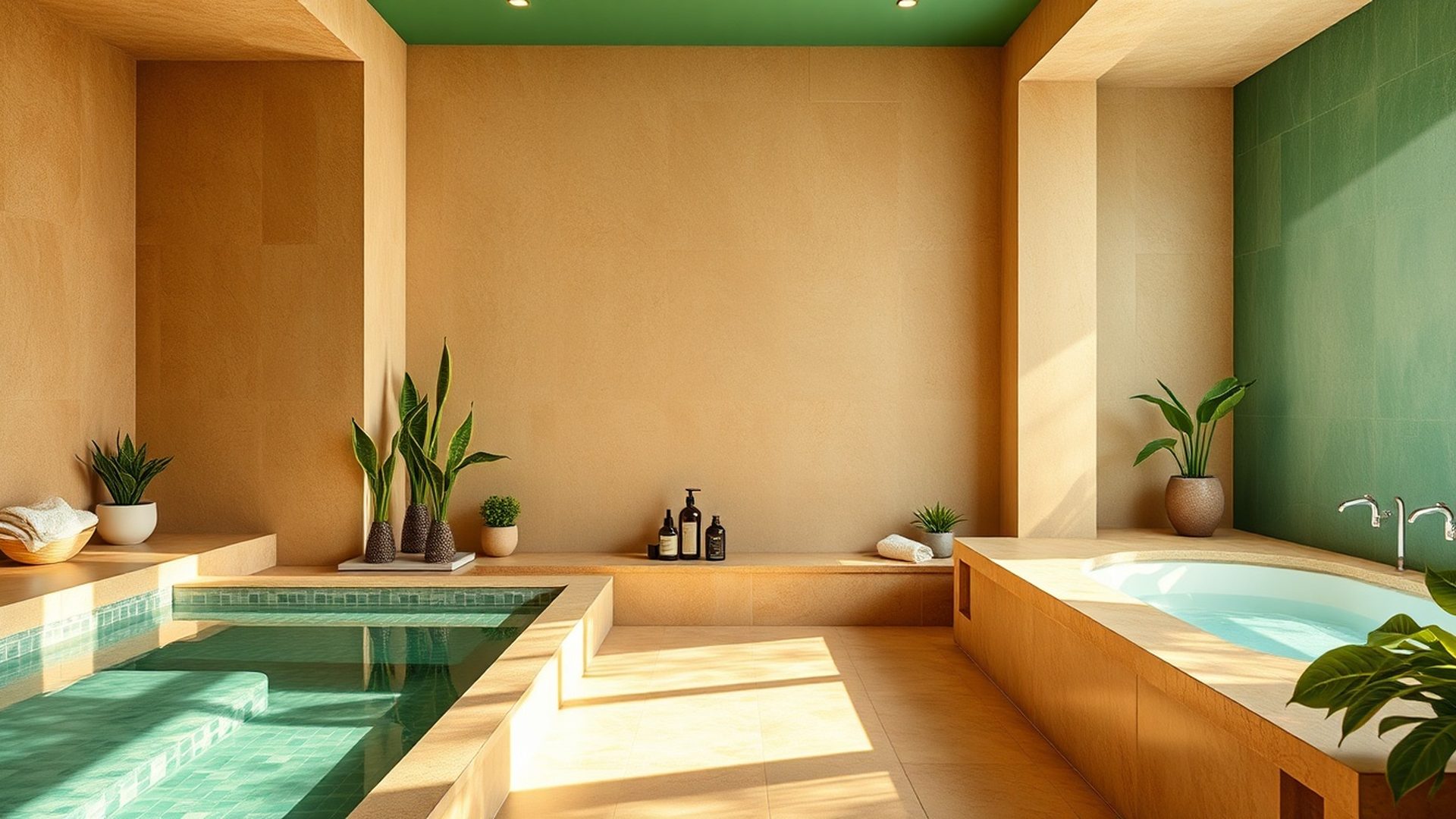 Interior del spa Pixelhnova en Bilbao con luz natural y tonos esmeralda