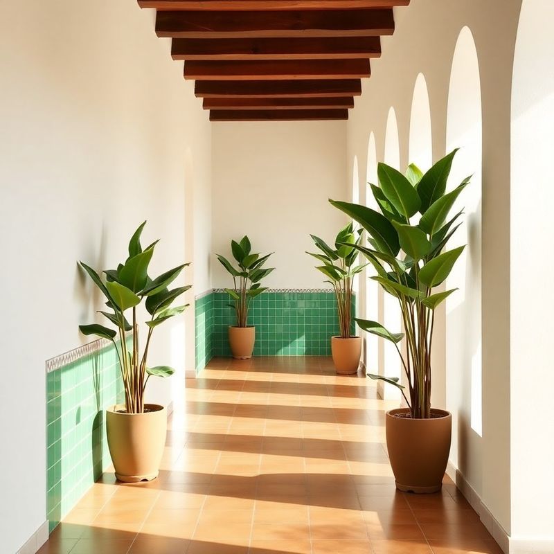 Corredor del spa con azulejos esmeralda y plantas monstera