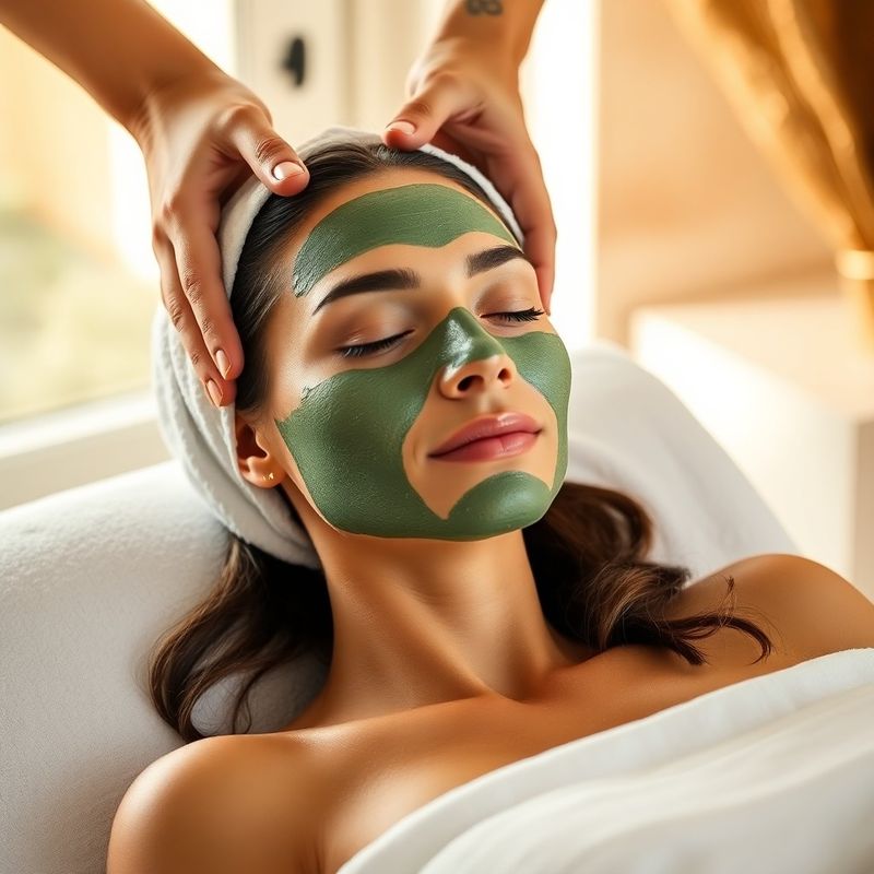 Mujer recibiendo un tratamiento facial con mascarilla de arcilla verde