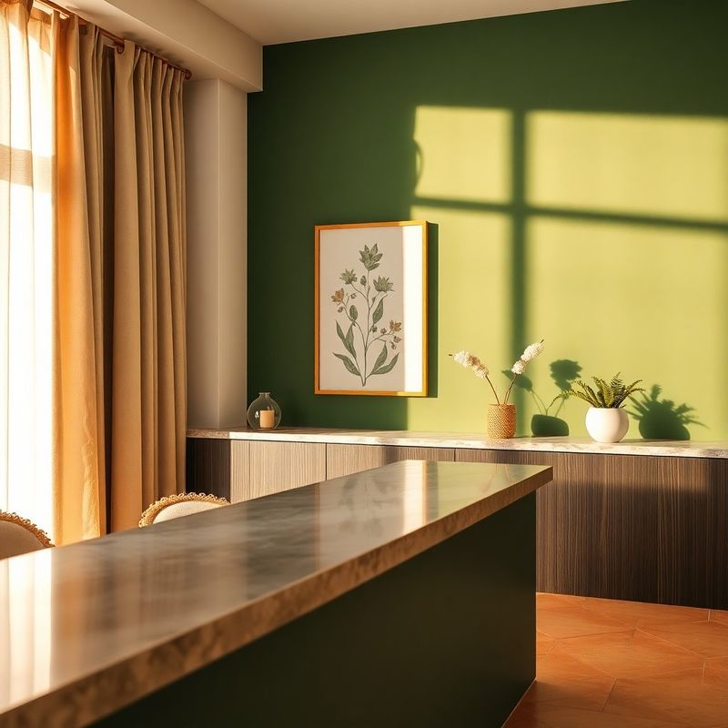 Recepción del spa Pixelhnova con pared esmeralda y materiales naturales