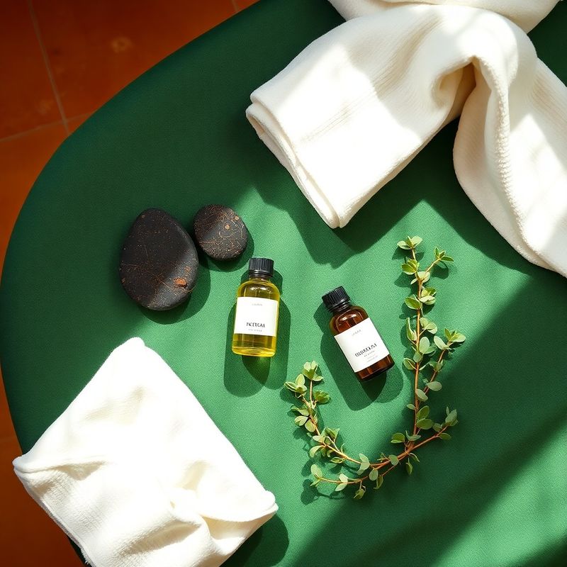 Flat lay con piedras volcánicas, aceites botánicos, eucalipto y toallas blancas sobre lino esmeralda